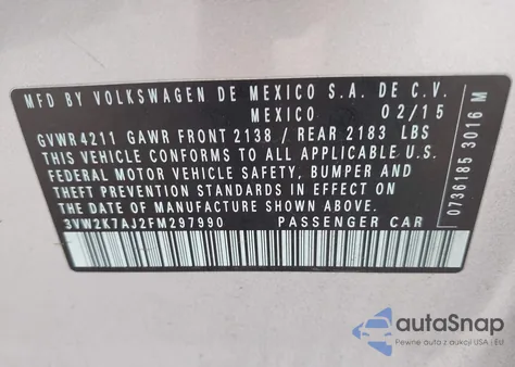 2015 Volkswagen Jetta 2.0L S из США, поврежденный, VIN 3VW2K7AJ2FM297990